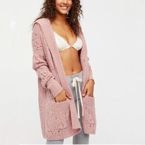 Free People Rose Pink Lemon Drop Hooded Alpaca Pointelle Knit Cardigan Sz XS